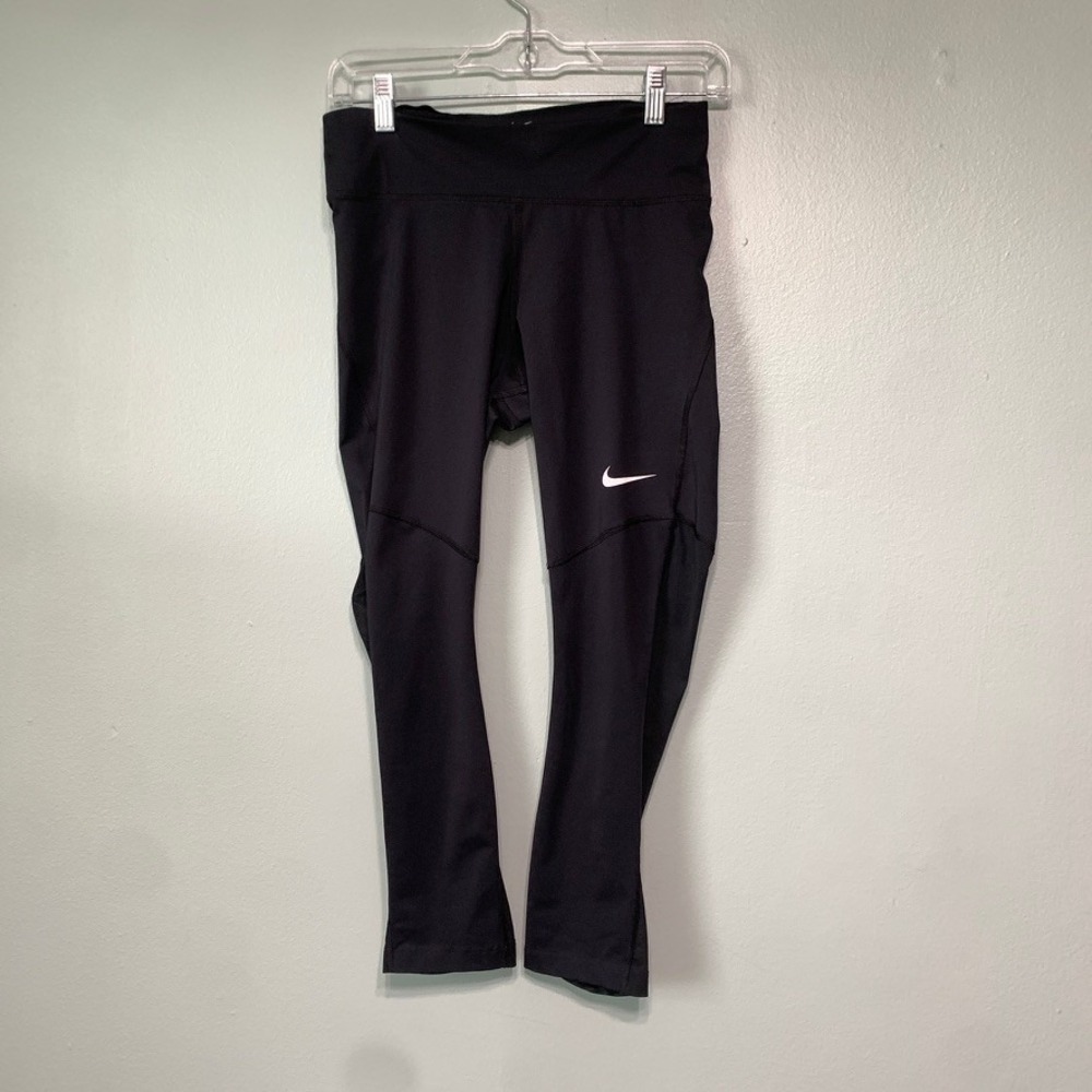 Nike Womens M Cropped Leggings Dri-FIT Athletic Black Mesh Panel Capri Tights